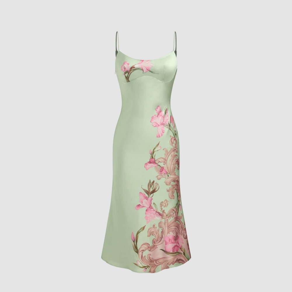 NWT Cider Satin Floral Backless Midi Slip Dress Pale Green w Pink Size Medium - Picture 6 of 14